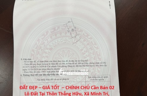 ĐẤT ĐẸP – GIÁ TỐT  – CHÍNH CHỦ Cần Bán 02 Lô Đất Tại Thôn Thắng Hữu, Xã Minh Trí, Huyện Sóc Sơn, Hà Nội